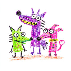 Naklejka premium Colorful wolves gather together with playful expressions in a lively illustration for children. Naive childish drawing on white background.