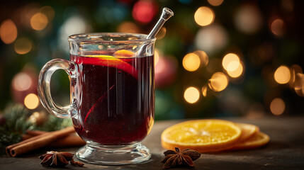 Fototapeta premium Mulled red wine in clear glass mug with lemon slices, cinnamon sticks and star anise