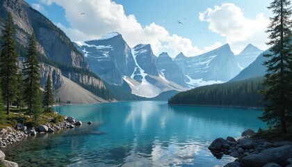 Scenic view of mountain lake with clear turquoise water and snow-covered peaks. Pine forest surrounds tranquil lake under blue sky. Landscape photo shows nature beauty and serenity.