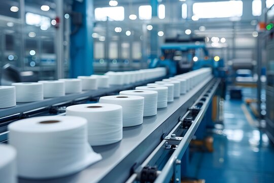 A busy manufacturing facility features a production line where rolls of white paper are being assembled. Machines operate efficiently, highlighting modern industrial processes