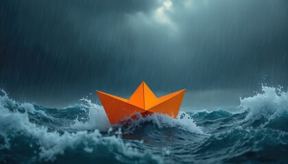 Orange paper boat braves storm sea. Dramatic photo of boat floating in turbulent water under rain. Concept about journey travel risk. Illustration about struggle hope.
