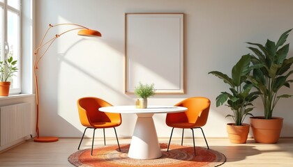 Minimalist modern dining room design features orange accents white walls and a round table. Two chairs a lamp and plants create a stylish atmosphere. Blank picture frame provides space for design.