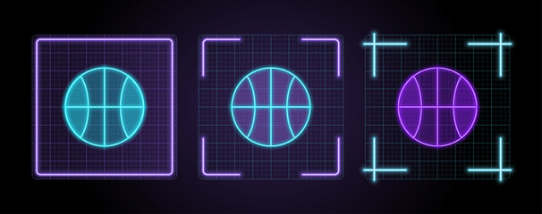 Basketball icon illustration, cyber neon visual, glowing border grid vector.