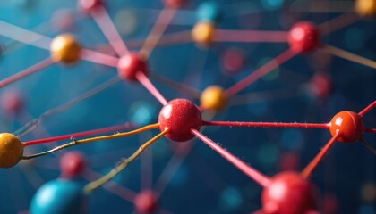 Abstract image featuring interconnected nodes and lines. It represents network data connections or complex systems. Color spheres connected by lines suggest a dynamic, interconnected network.