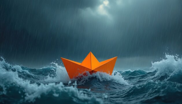 Orange paper boat braves storm sea. Dramatic photo of boat floating in turbulent water under rain. Concept about journey travel risk. Illustration about struggle hope.