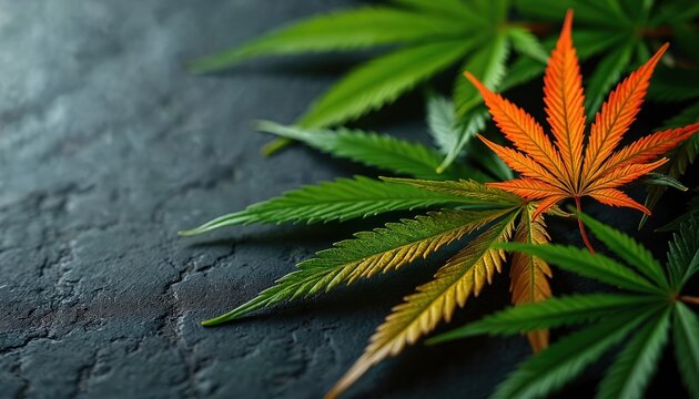 Photo featuring green and orange cannabis leaves on dark background. Marijuana leaves show detailed texture, color transitions. This image suitable for medical content or CBD related subjects.