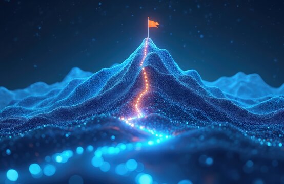 3D rendered image of blue glowing mountain peak with red flag at top. Glowing blue particles form mountain shape. Bright path leads to summit. Dark blue background with glowing blue dots.