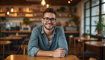 Obraz premium Handsome young man sits at cafe table smiling. Male wears glasses casual shirt. Happy person portrait inside restaurant. Modern style confident business person