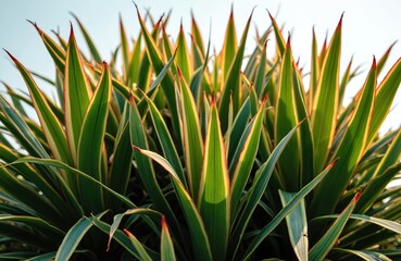 Dracaena marginata plant leaves with red edges. Evergreen plant grows in garden under blue sky. Tropical foliage detail, natural sunny outdoor.