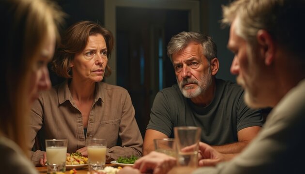 Mature woman, man sit at home dinner table. Show serious, concerned faces during family meal. Intense discussion happens between adults at night. Difficult conversation, tense atmosphere within