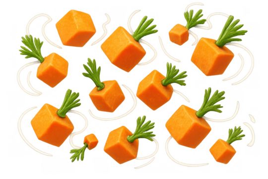 Diced carrot cubes with green tops floating creating a vibrant pattern on a transparent background