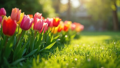 Vibrant tulips bloom in garden. Bright flowers grow in fresh green grass. Red yellow and pink petals get sunlight. Springtime scenery creates natural beauty in the yard. © miss irine