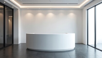 Sleek white reception desk dominates minimalist office space. Room features clean lines, ample light creating atmosphere of professionalism, welcome. Modern interior design evokes sophistication,