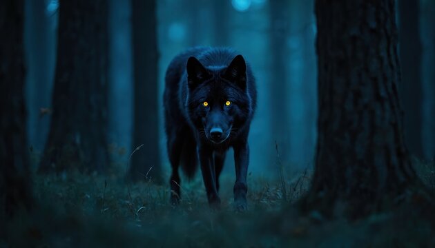 Black wolf with glowing yellow eyes walks in dark forest at night. Wild animal appears menacing and mysterious among deep blue woods. Full moon light shines through trees illuminating forest floor.