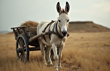 White donkey pulling wooden cart with hay stands on dry grass field. The farm animal is harnessed. Countryside rural view shows wagon and beast.