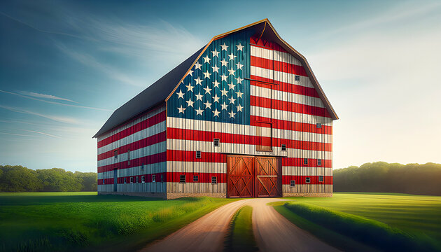A large barn painted like the American flag stands in a green field under a blue sky with sunlight highlighting its red white and blue stripes and stars symbolizing patriotism