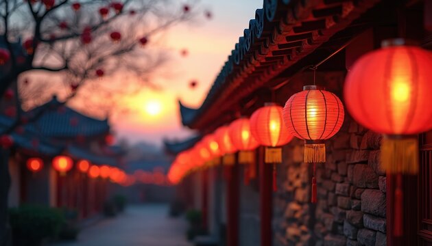 Chinese red lanterns hang on traditional architecture wall. Lanterns illuminate pathway between ancient buildings. Sunset with orange sky, tree with red flowers in background. Cultural festival