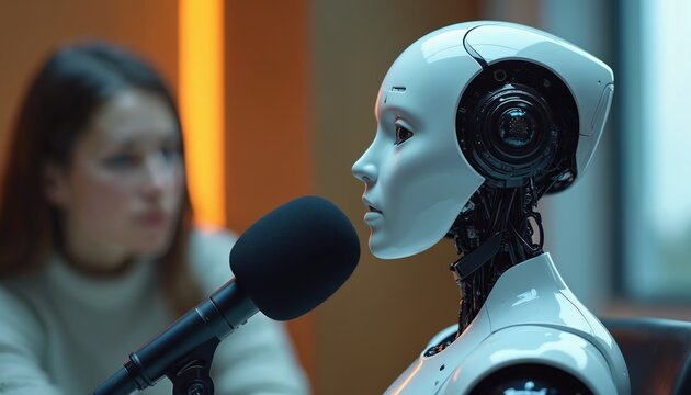 A robot android speaks into a microphone during an interview. Woman sits opposite the robot conducting conversation. Tech theme explores AI communication future innovation podcasting.