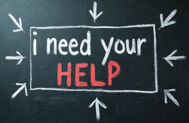 Blackboard with chalk lettering states I need your HELP inside frame. White arrows point toward center. Red word HELP draws attention to concept of needing assistance.