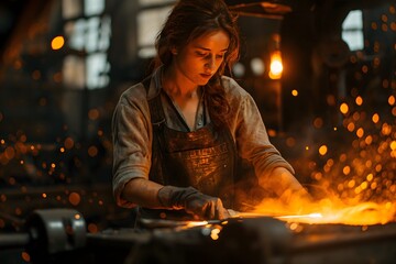 In a workshop illuminated by warm light, a young blacksmith focuses intently on shaping hot metal. Sparks fly around as she works with skill and precision, surrounded by tools and a glowing forge