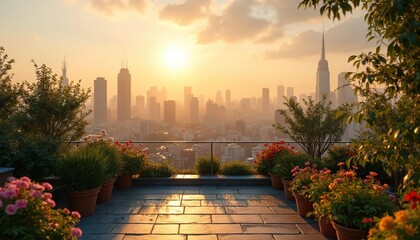 Obraz premium Rooftop garden offers serene urban oasis at sunrise. Green plants, colorful flowers frame stunning city skyline view. Tranquil space provides relaxation in metropolitan life, natures beauty.