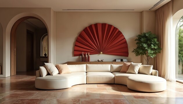 Modern living room features curved off white sofa, large red fan wall art and green plant. Natural light streams through windows, archways lead to other rooms. Elegant home interior design.