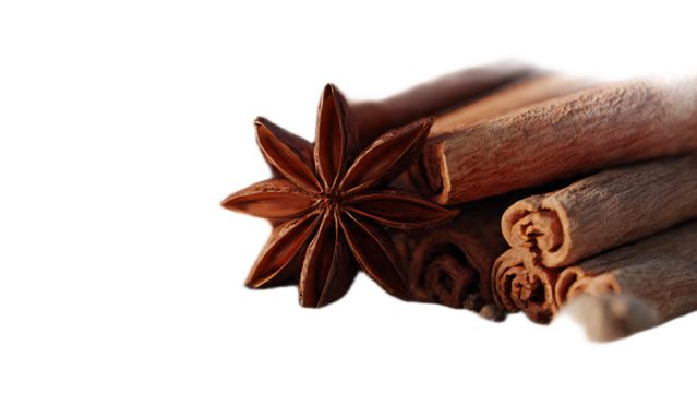 A close up of star anise and cinnamon sticks against a black background on the right side of frame