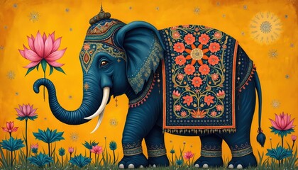 Fototapeta premium Ornate blue elephant walks through a field of lotuses. Decorated with traditional Madhubani art and floral patterns. Symbol of wisdom, serenity and Indian culture.