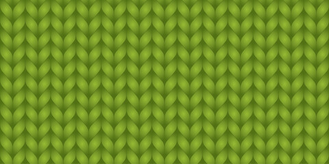 Realistic green knitted fabric texture. Close-up accurate Xmas knitted seamless pattern. Cozy wool sweater backdrop for Christmas wallpaper design, winter project, or craft template. Vector