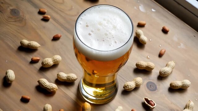 Overhead close up of a cold glass of golden yellow foamy beer surrounded by peanuts in shells and shelled peanuts on a wooden table