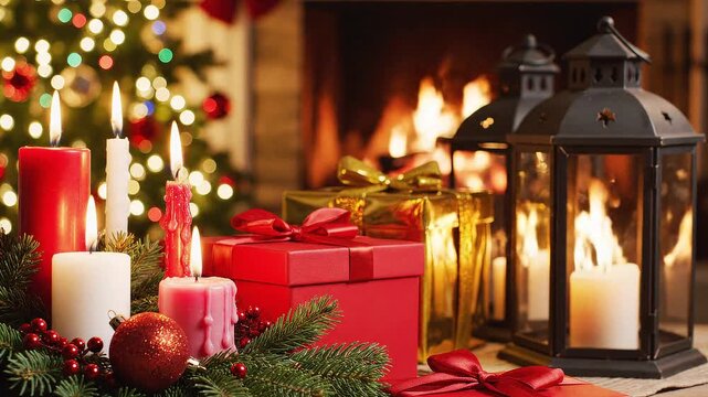 Beautiful background for winter celebrations of burning fireplace, decorated Christmas tree and traditional ornaments
