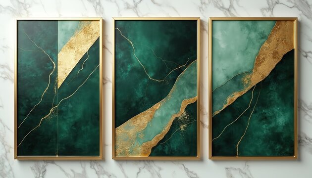 Three framed abstract artworks feature green and gold marbled textures. Organic shapes with golden veins create a luxurious, modern wall art set. Elegant graphic design for interior decor.