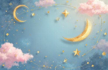 Dreamy sky backdrop features pastel clouds, golden moons, stars. Illustration perfect for celestial themed designs, kids products, bedtime stories, magical fantasy projects with space for text.