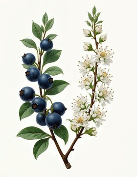 Botanical illustration displays Prunus spinosa. Branches show deep blue berries and delicate white blossoms. Art piece offers a detailed view of the medicinal plant with vibrant colors.