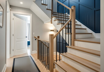 Modern wooden staircase with black railing leading upstairs in a bright hallway