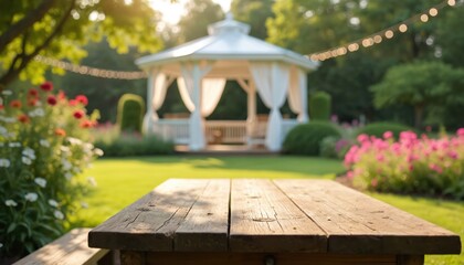 Fototapeta premium Rustic wooden table in garden with gazebo. Sunny day, soft light, perfect for outdoor events. Flowers and greenery surround the table. A scene ideal for a summer celebration.