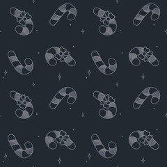 Seamless Pattern Candy Cane on dark background, Christmas & New Year, great for wrapping, greeting card, textile design, fabrics, vintage