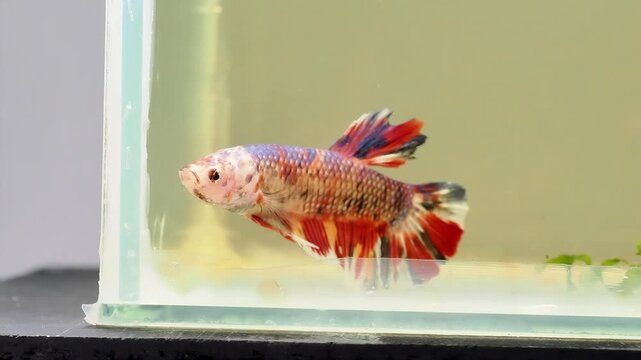 Poisson combattant (Betta splendens) isol&eacute; dans un petit aquarium &ndash; documentaire de sensibilisation