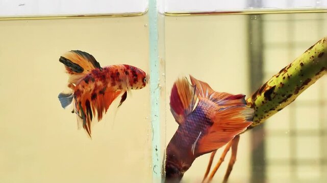 Poisson combattant (Betta splendens) isol&eacute; dans un petit aquarium &ndash; documentaire de sensibilisation