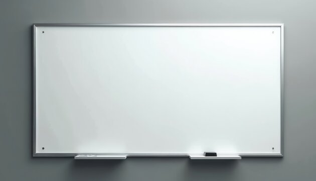 Modern blank whiteboard with metal frame hangs on gray wall. Includes marker tray and eraser. Ready for writing notes ideas strategy planning brainstorming presentation.