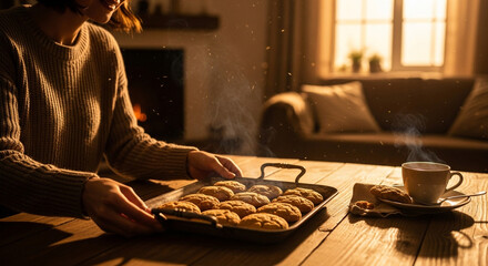 Mother placing tray of cookies on table, golden glow, cinematic cozy warmth