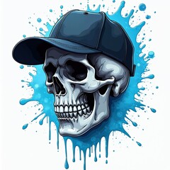 Illustration of a skull wearing a baseball cap against blue watercolor splash. Digital art features cool graffiti style. Trendy design for apparel branding. The image is perfect for various projects.