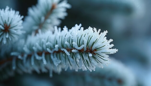 Close up view of pine tree branch covered in frost and ice crystals. Delicate frosty patterns form on needles, creating a serene winter nature scene. Cold weather texture of frozen flora.