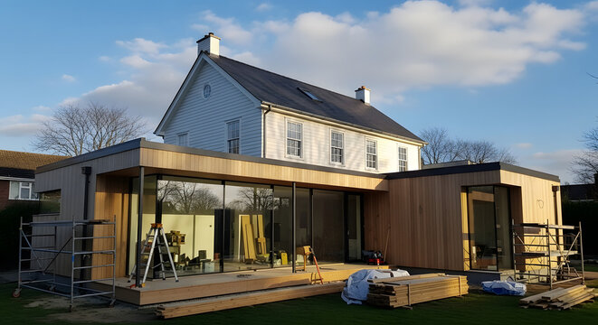 Modern wooden extension added to traditional house under construction