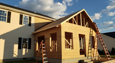 New home construction with addition and framing visible