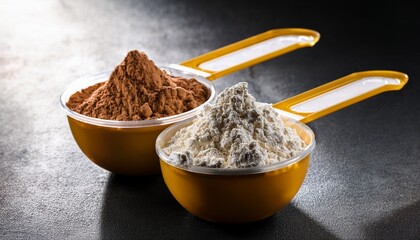 Protein Powder In Scoops Different Flavours Of Whey Protein Powder Copy Space
