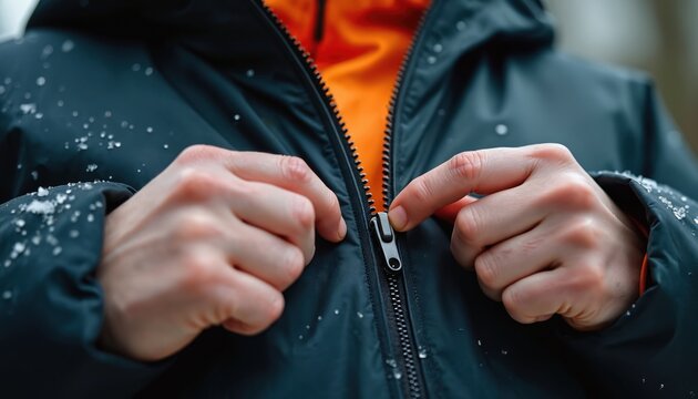 Close-up of hands zipping dark waterproof jacket. Person secures grey garment with orange lining. Snowflakes settle on outer fabric suggesting cold weather conditions and outdoor activity.