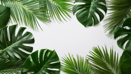 Tropical Green Monstera And Palm Leaves Frame On White Background