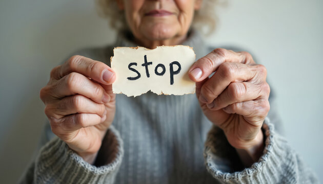 An elderly person holds a torn piece of paper with the word stop. The photo focus on hands displaying a message against elder abuse. Concept of vulnerability and advocacy.