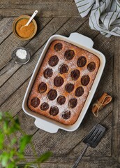 Cornmeal pie with fresh plums dusted with powdered sugar in a rectangular ceramic pan on a wooden background. Seasonal baking.